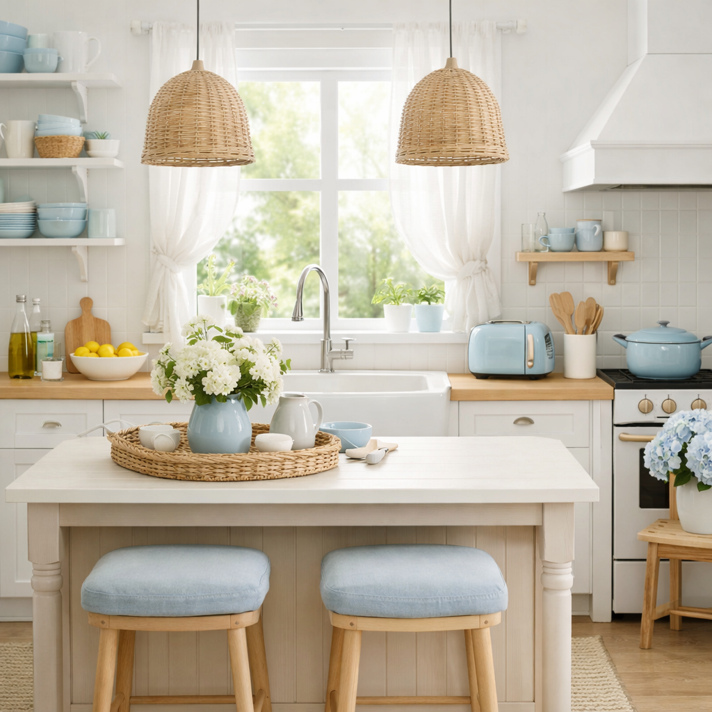 A bright kitchen with pastel blue touches, featuring blue kitchenware, wicker pendant lights, and a flower arrangement on the counter.