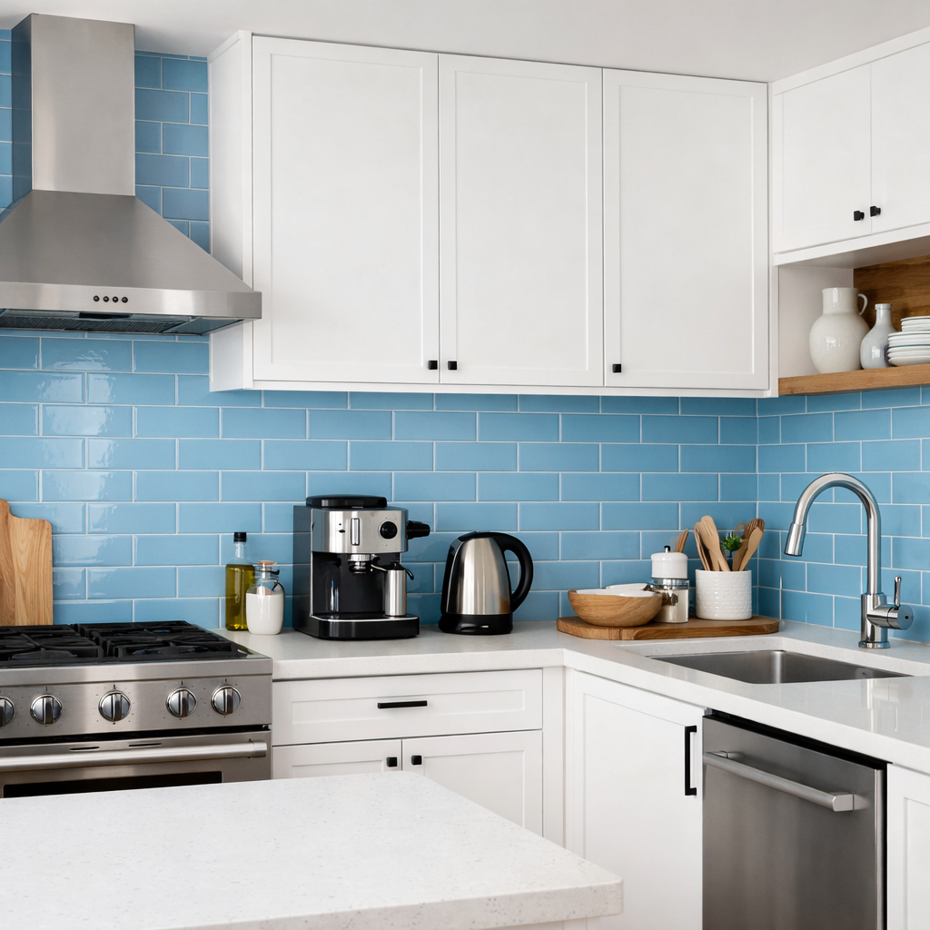 A modern kitchen featuring a sky blue subway tile backsplash.