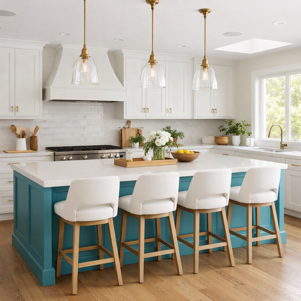 A modern kitchen with a turquoise island and white cabinetry
