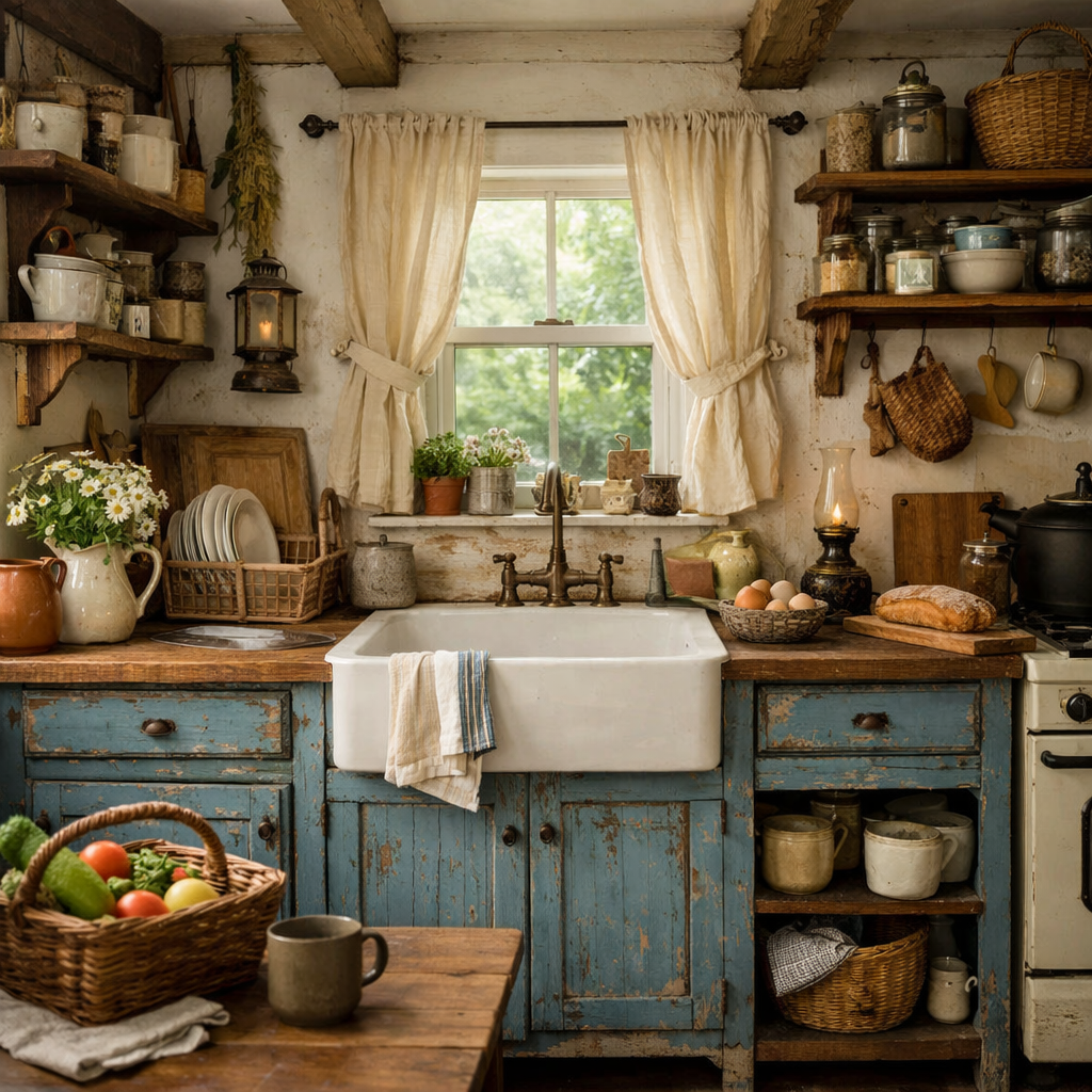 Cozy cottage-style kitchen with blue cabinets and rustic decor