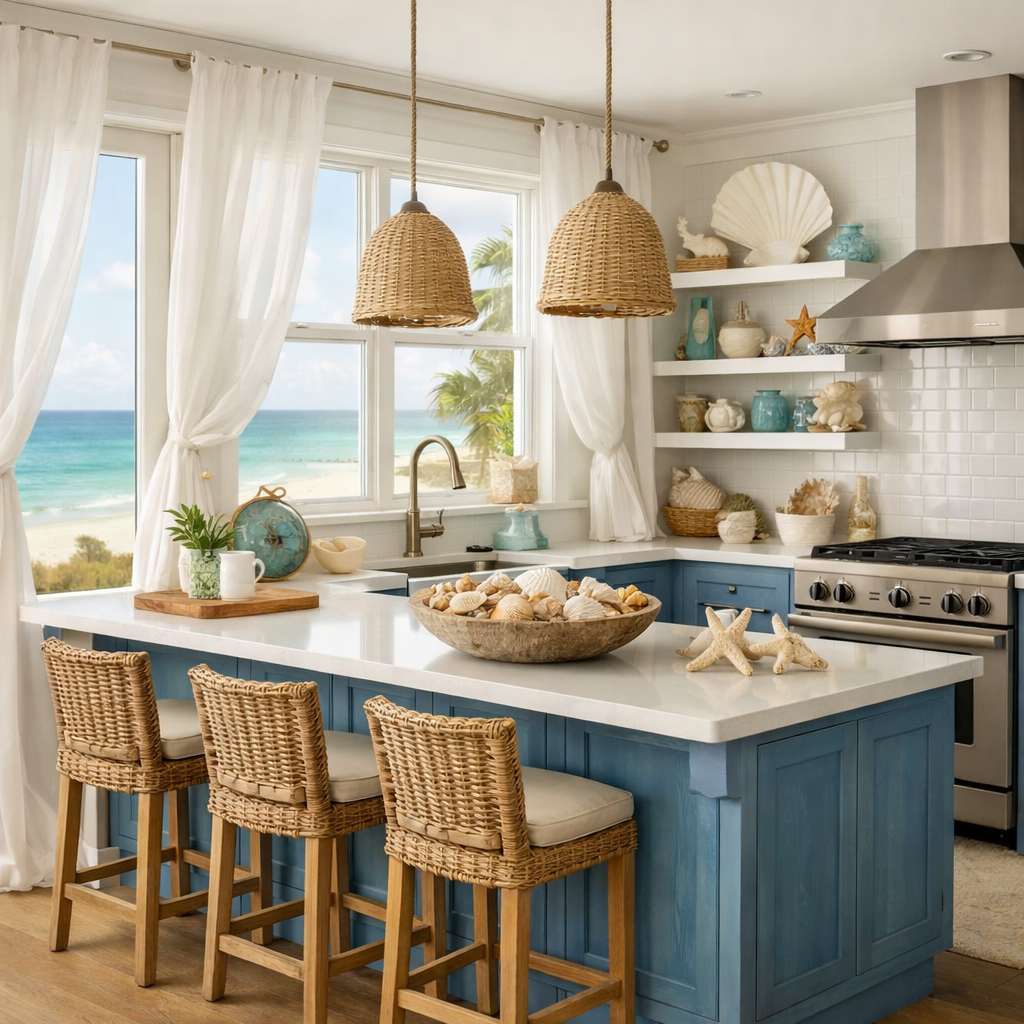 A bright, ocean-inspired kitchen with blue cabinets, sea-themed decor, and a stunning view of the beach.