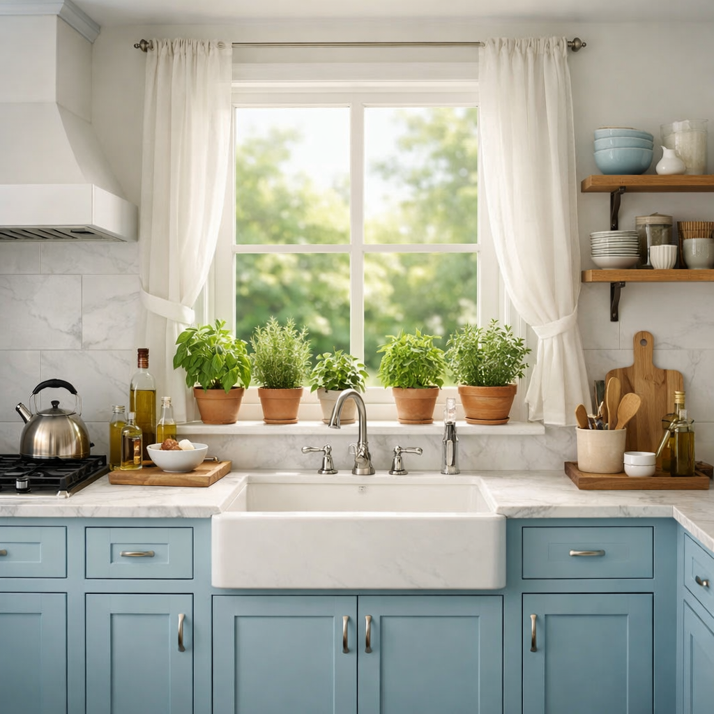 A bright kitchen with soft powder blue cabinets, marble countertops, and potted herbs on the windowsill.