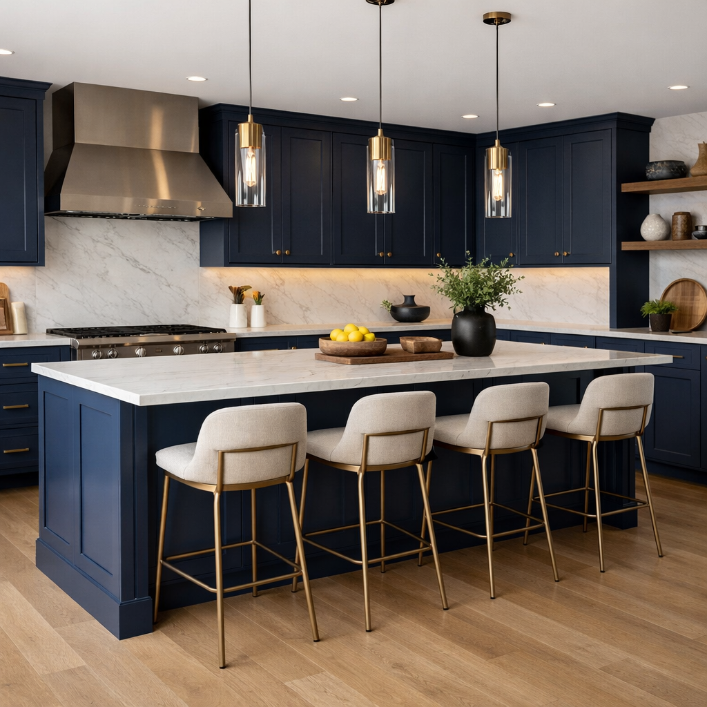 A modern kitchen featuring a bold navy blue island with a marble countertop and stylish bar stools.