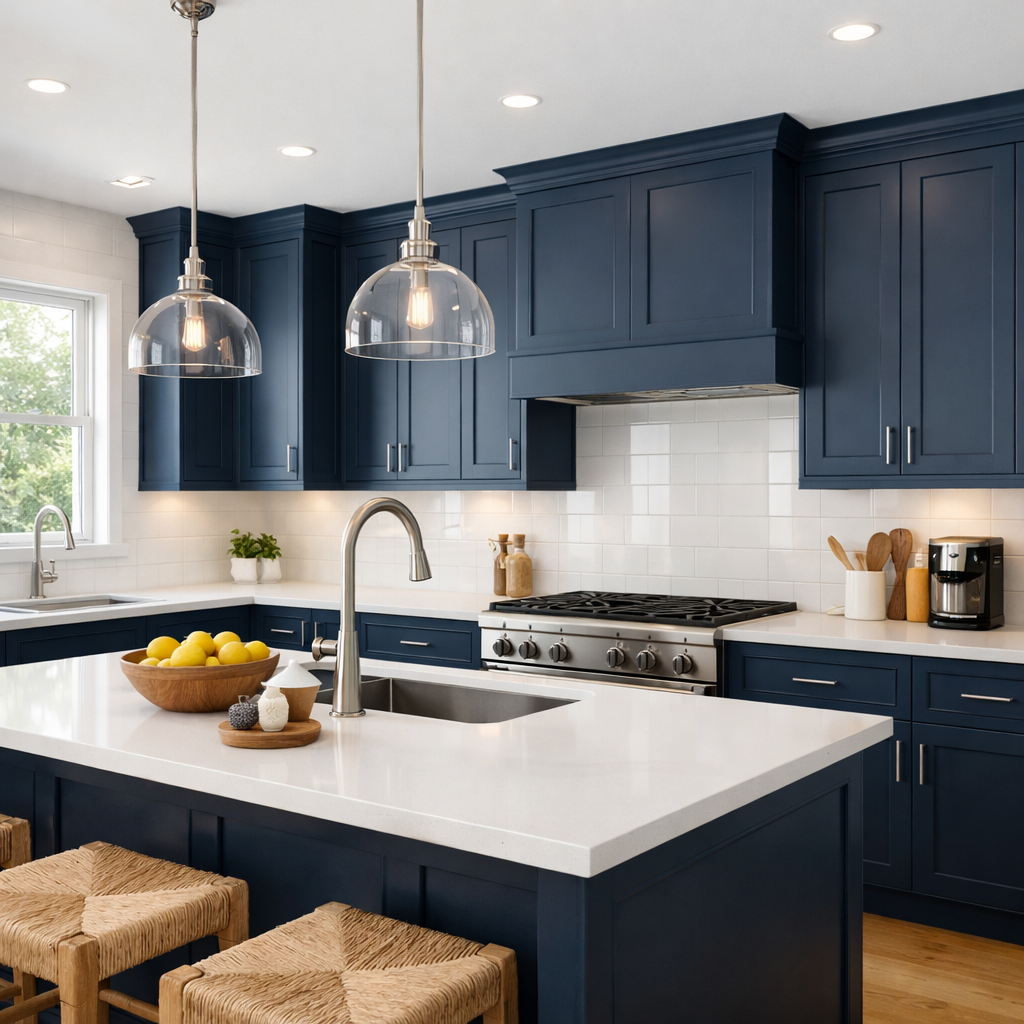 A modern kitchen featuring navy blue cabinets with white countertops and backsplash.