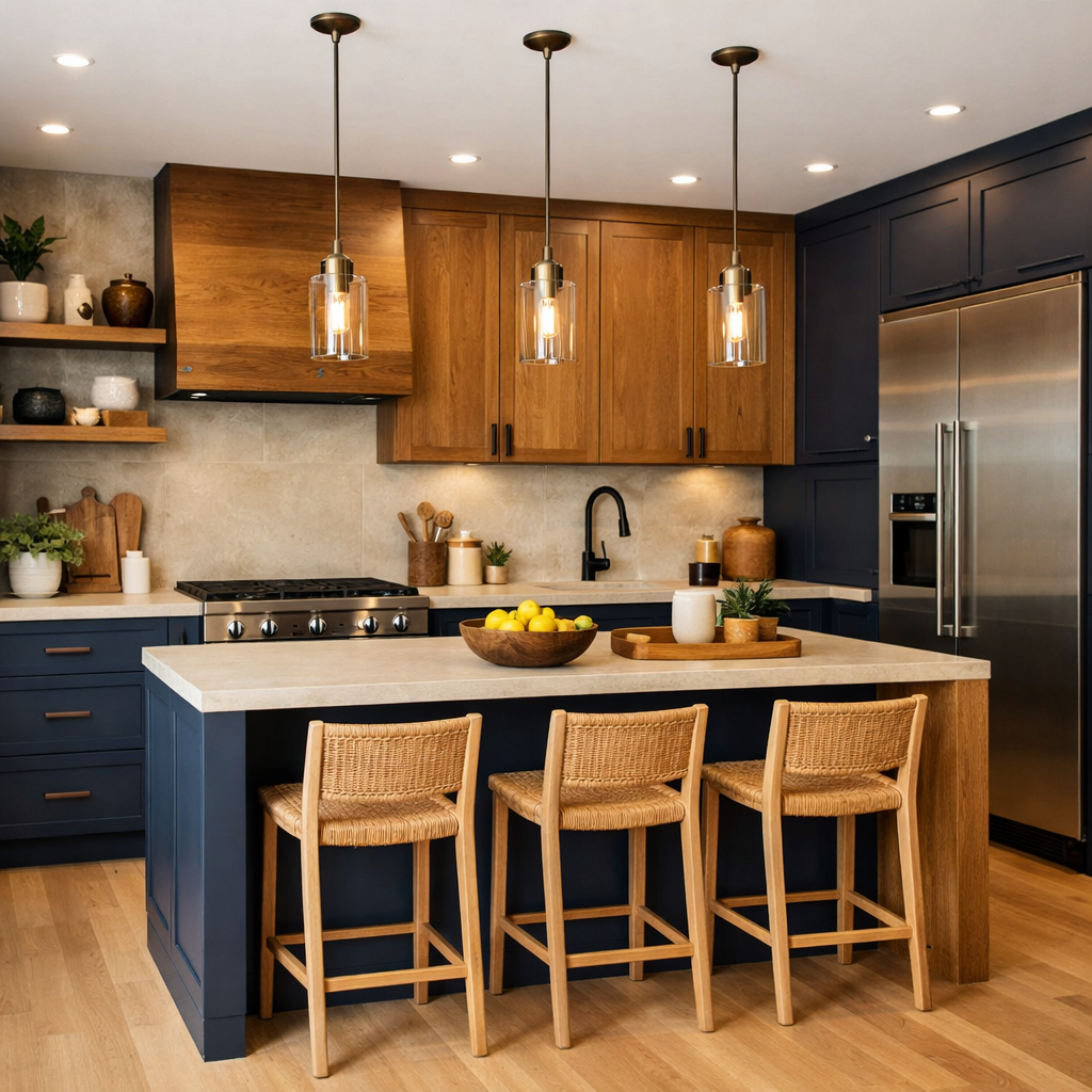 A beautiful kitchen featuring navy blue cabinets paired with wooden elements and modern lighting.