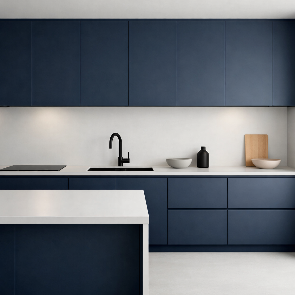 Minimalist kitchen with navy blue cabinets and a light countertop.