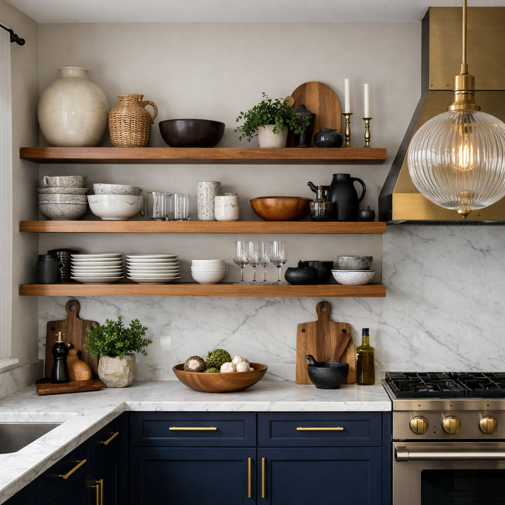 A modern kitchen featuring navy blue cabinets and open wooden shelving filled with dishes and decorative items.