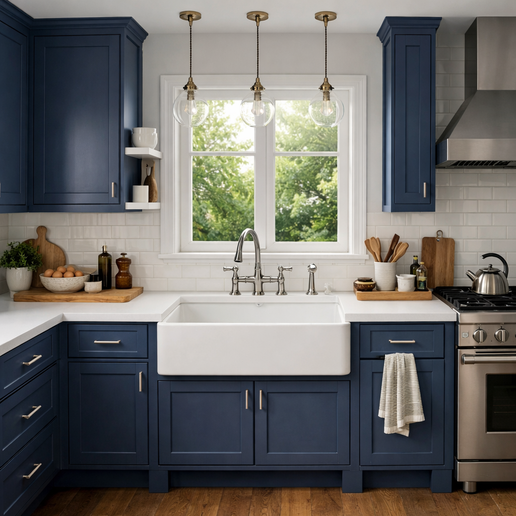 A modern kitchen featuring navy blue shaker style cabinets, a white farmhouse sink, and brass pendant lights.