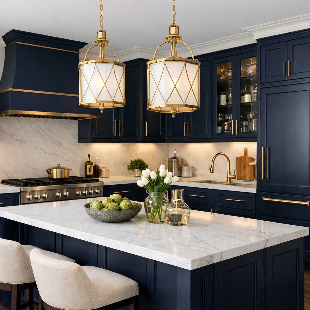 A navy blue kitchen with gold accents, featuring pendant lights and marble countertop