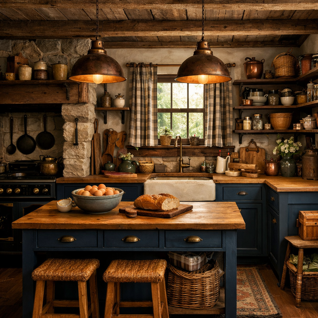 A cozy rustic kitchen featuring navy blue cabinets, wooden shelves, and warm lighting.