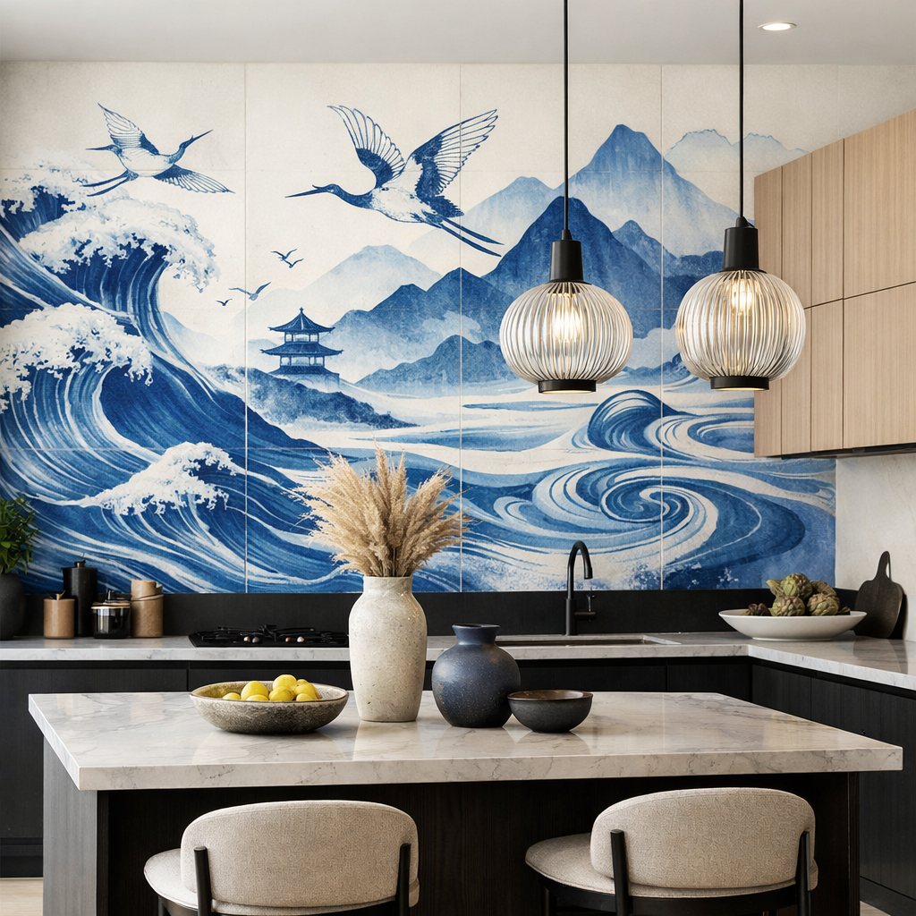 A blue and white mural depicting waves and cranes in a modern kitchen