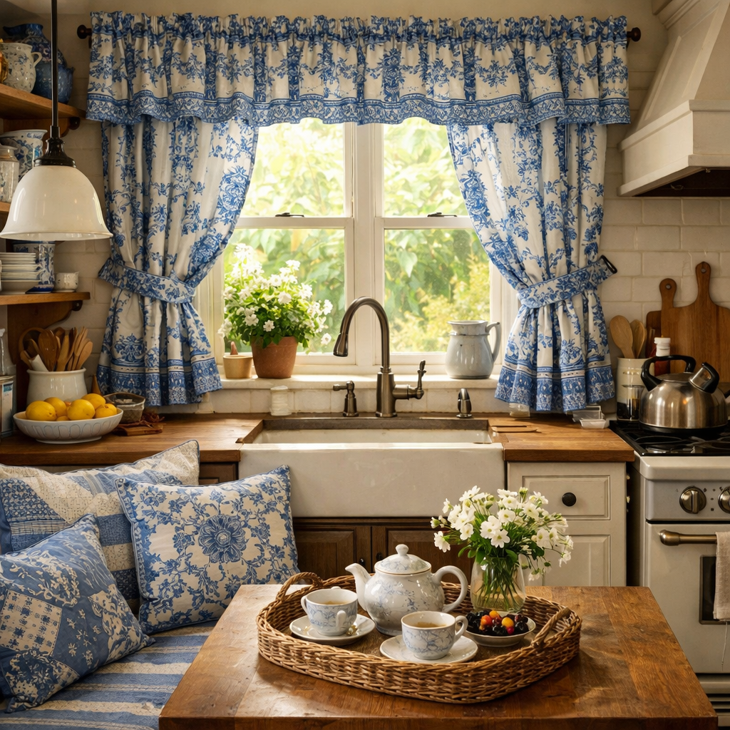 A cozy kitchen featuring blue and white patterned fabrics in curtains and cushions, with a wooden table, flowers, and kitchen utensils.