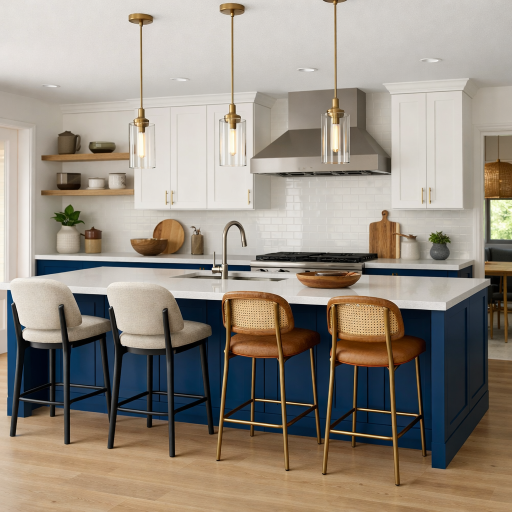 A modern kitchen with a bold blue island, white cabinetry, stylish pendant lights, and a cozy seating arrangement.