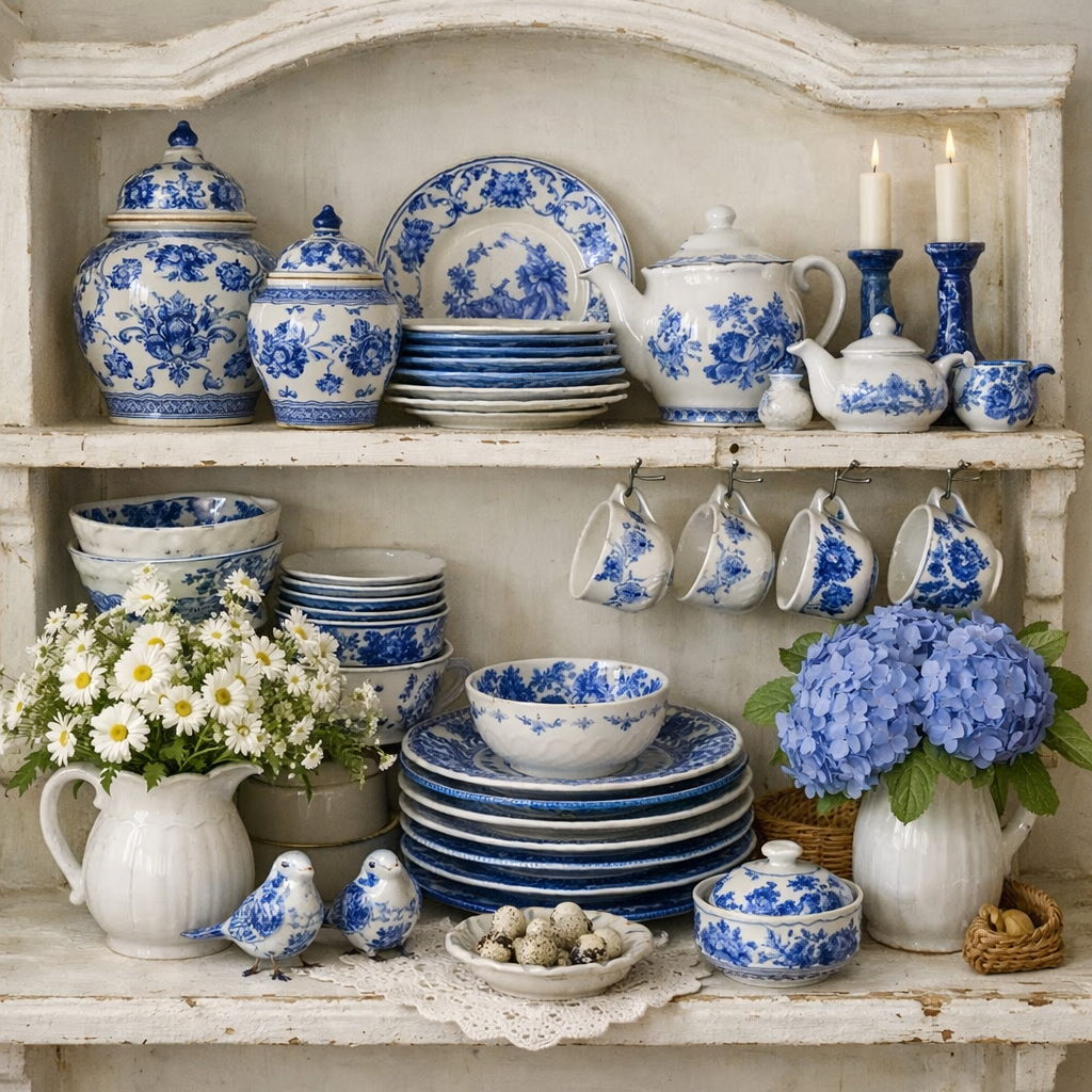 A beautiful display of blue and white dinnerware arranged on a rustic shelf with flowers and decorative items.