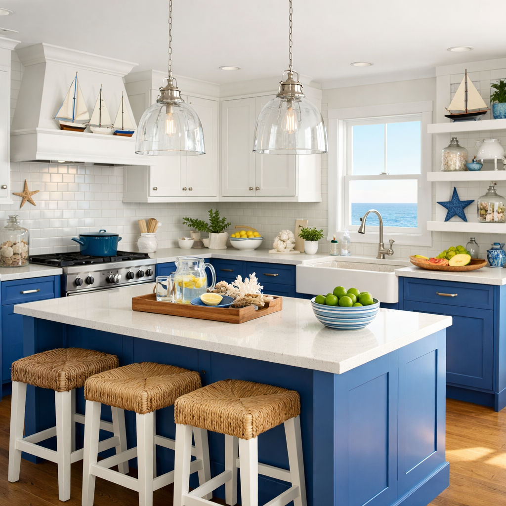 A coastal-inspired blue and white kitchen featuring blue cabinets, white countertops, and ocean-themed decorations.