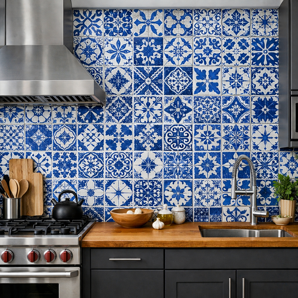 A kitchen with a blue and white tile backsplash featuring various intricate patterns.