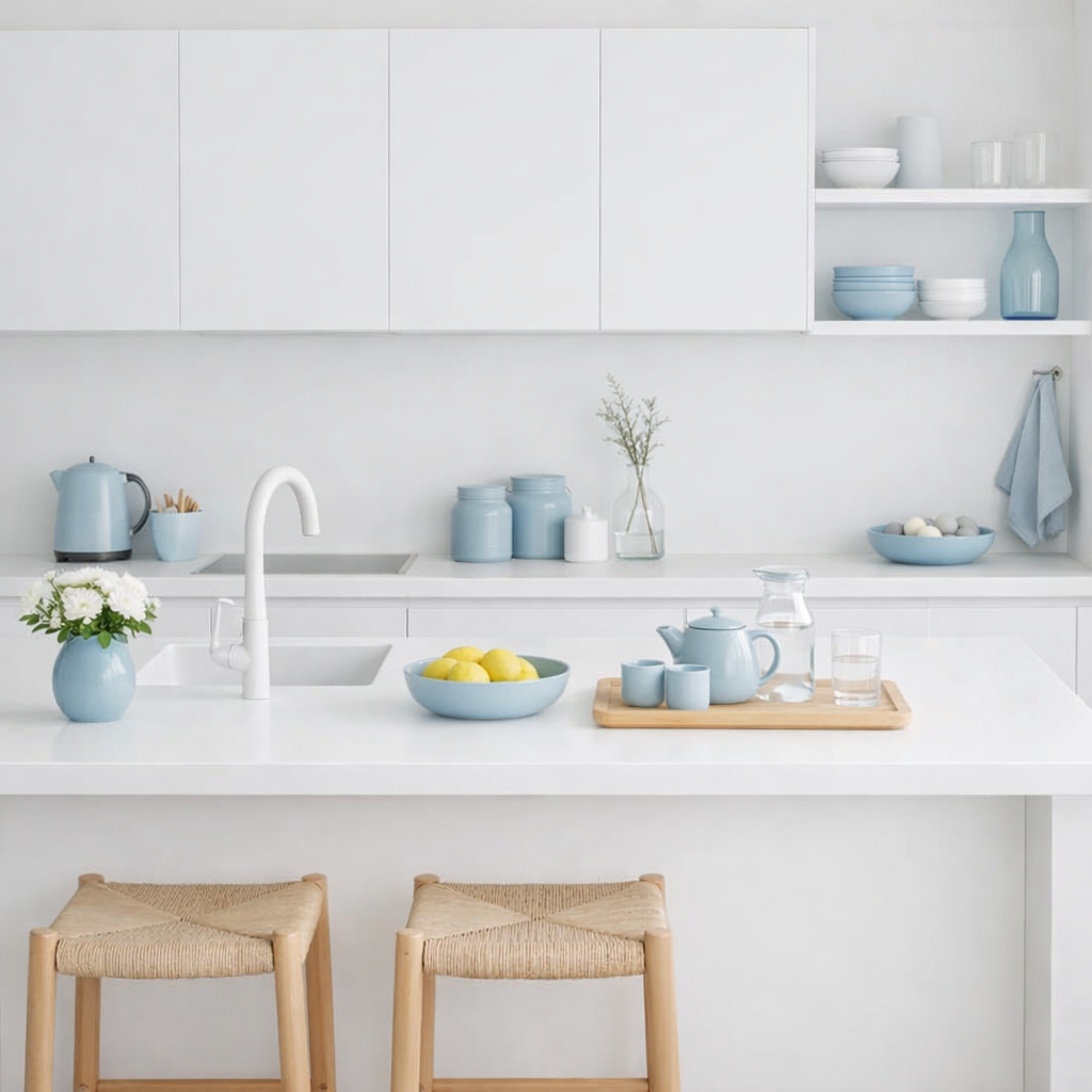 A bright white kitchen with blue accents featuring dishes and decor.