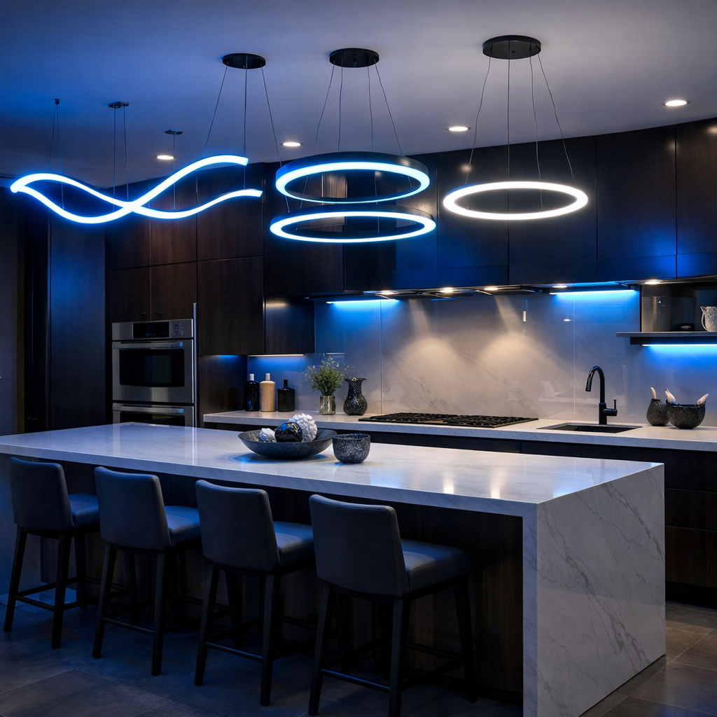 A modern kitchen featuring innovative blue and white lighting fixtures, highlighting the blend of colors and unique designs.