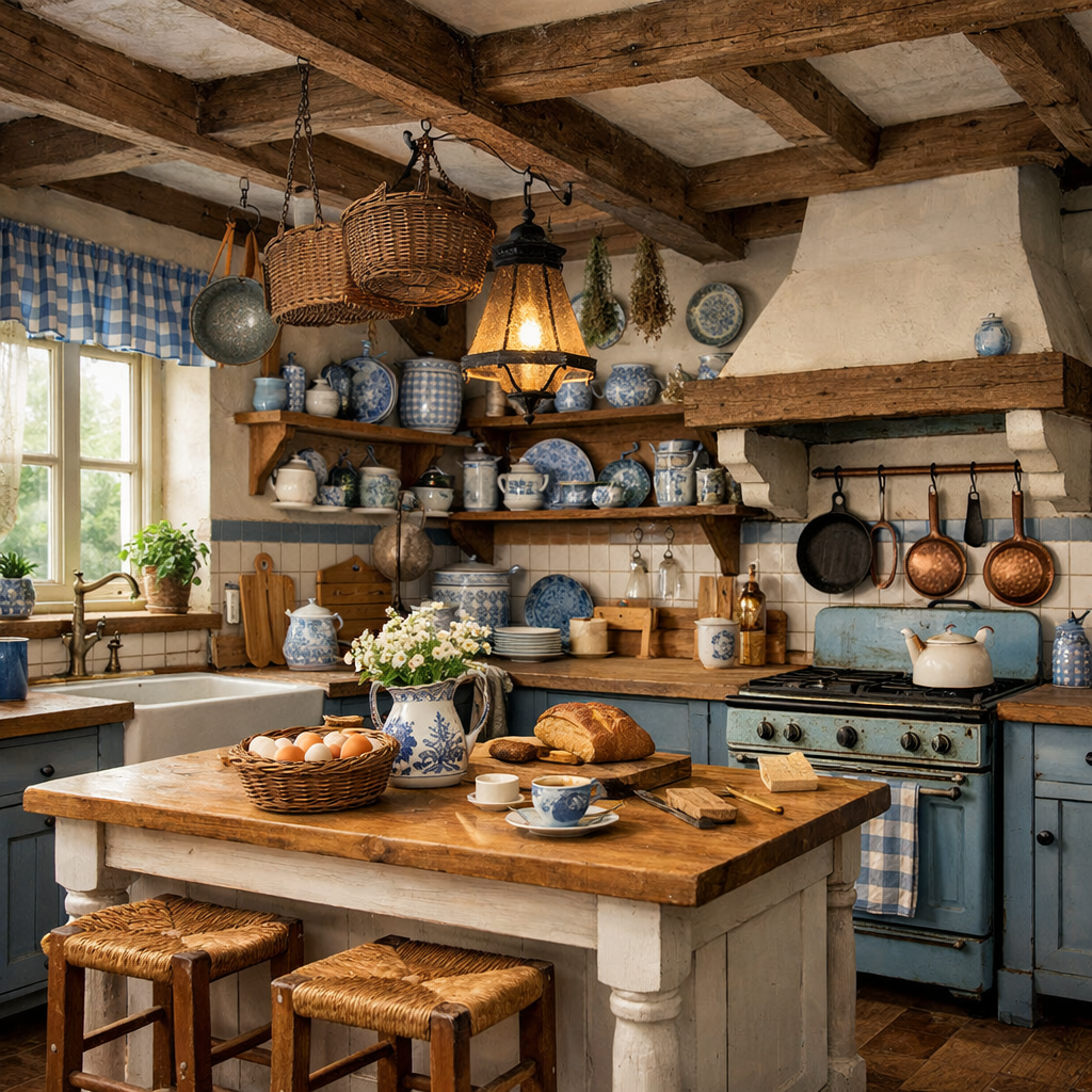 A vintage blue and white farmhouse kitchen with wooden beams, shelves filled with blue pottery, and a cozy dining area featuring a wooden table.