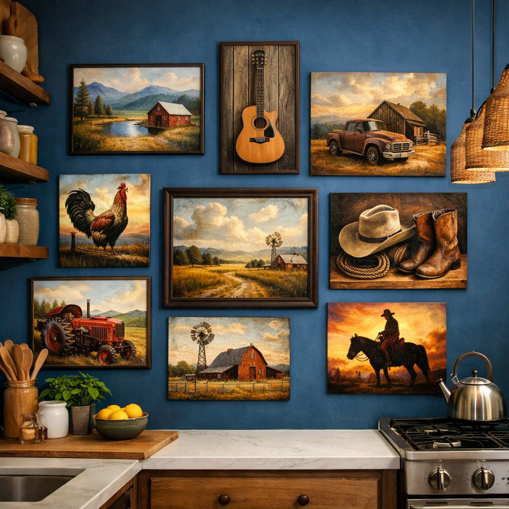 A cozy kitchen with a blue accent wall adorned with rustic artwork, featuring scenes of rural life.