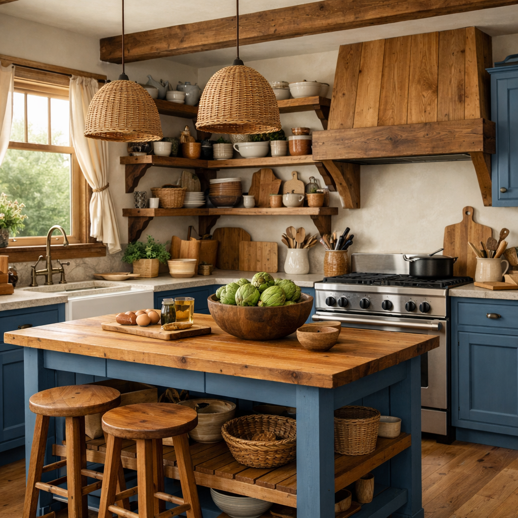 A cozy blue country kitchen with natural wood accents, featuring an island and open shelves.
