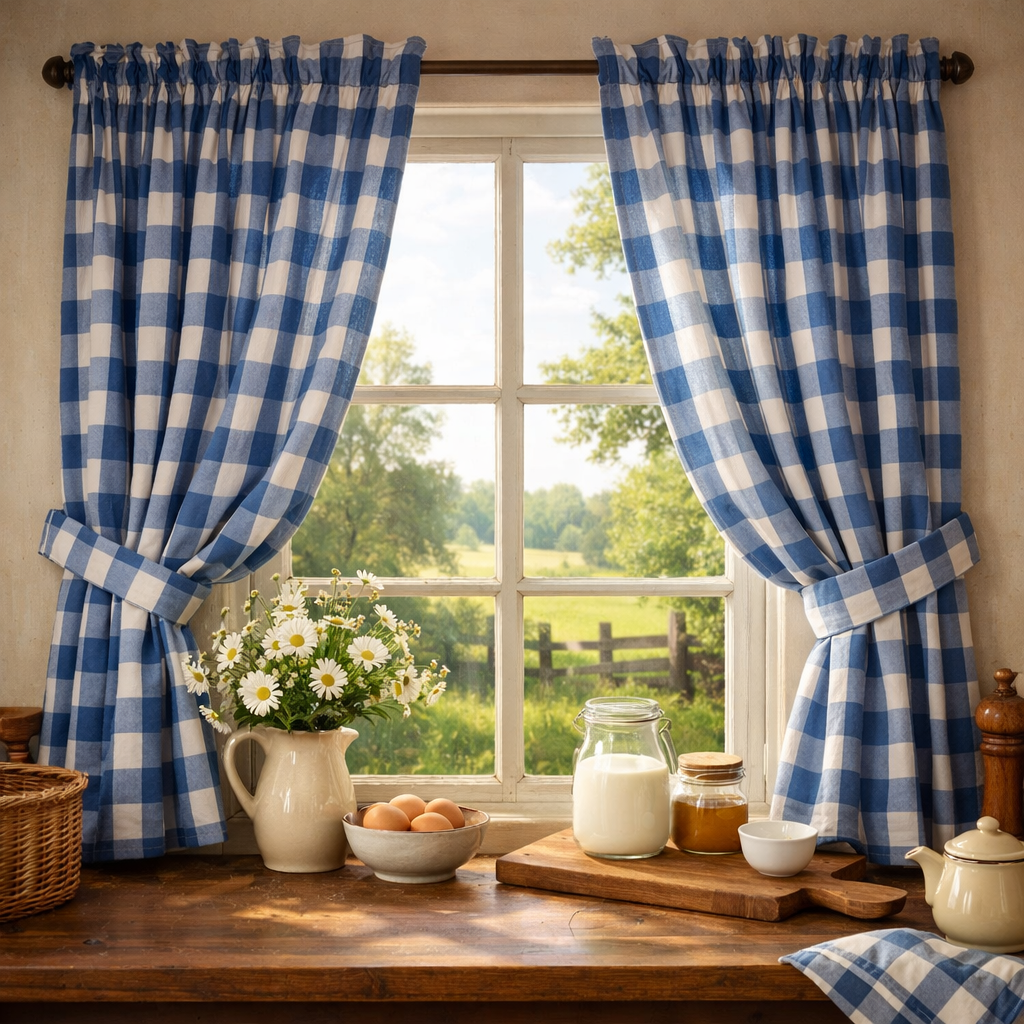 A cozy kitchen with blue and white checkered curtains framing a window, showcasing a view of nature.