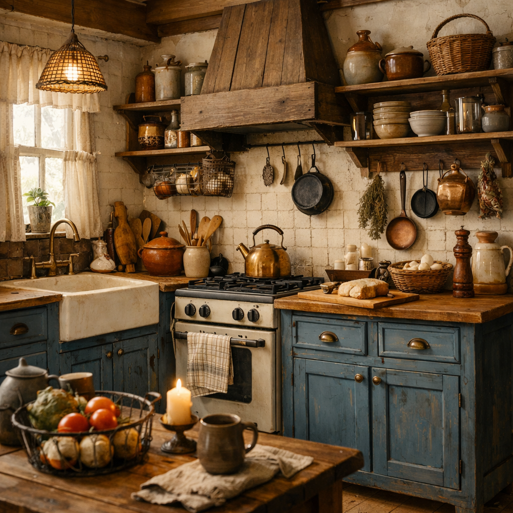 Charming blue cabinets in a rustic kitchen with wooden accents and warm lighting.