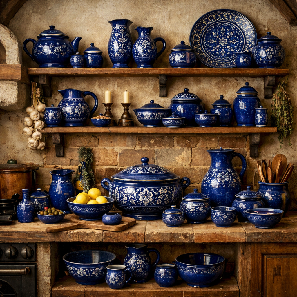 An assortment of decorative blue pottery displayed on wooden shelves in a rustic kitchen.