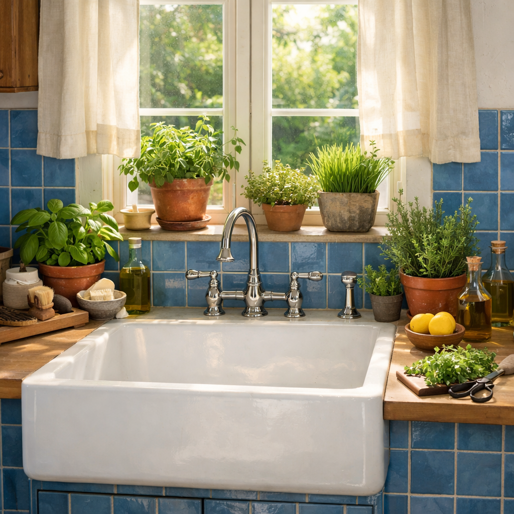 A farmhouse sink in a blue country kitchen surrounded by potted herbs and natural light