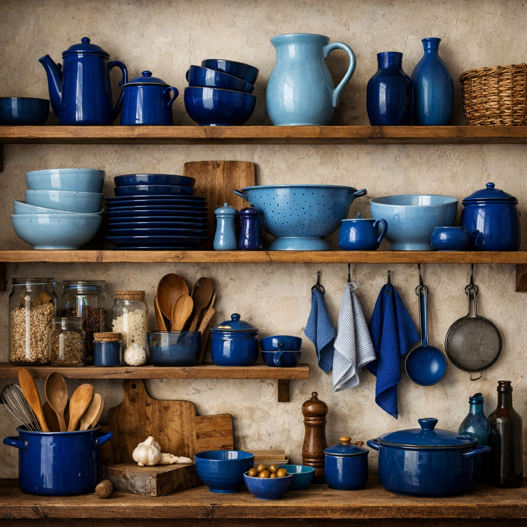 Open shelving with blue dishware and kitchen accessories in a cozy kitchen setting.