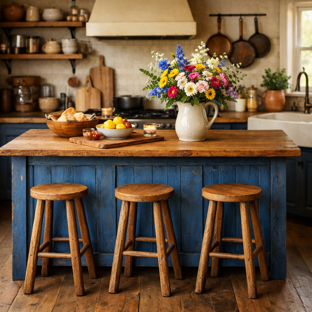 A rustic blue kitchen island with wooden stools, featuring breads, fruits, and a colorful flower arrangement.