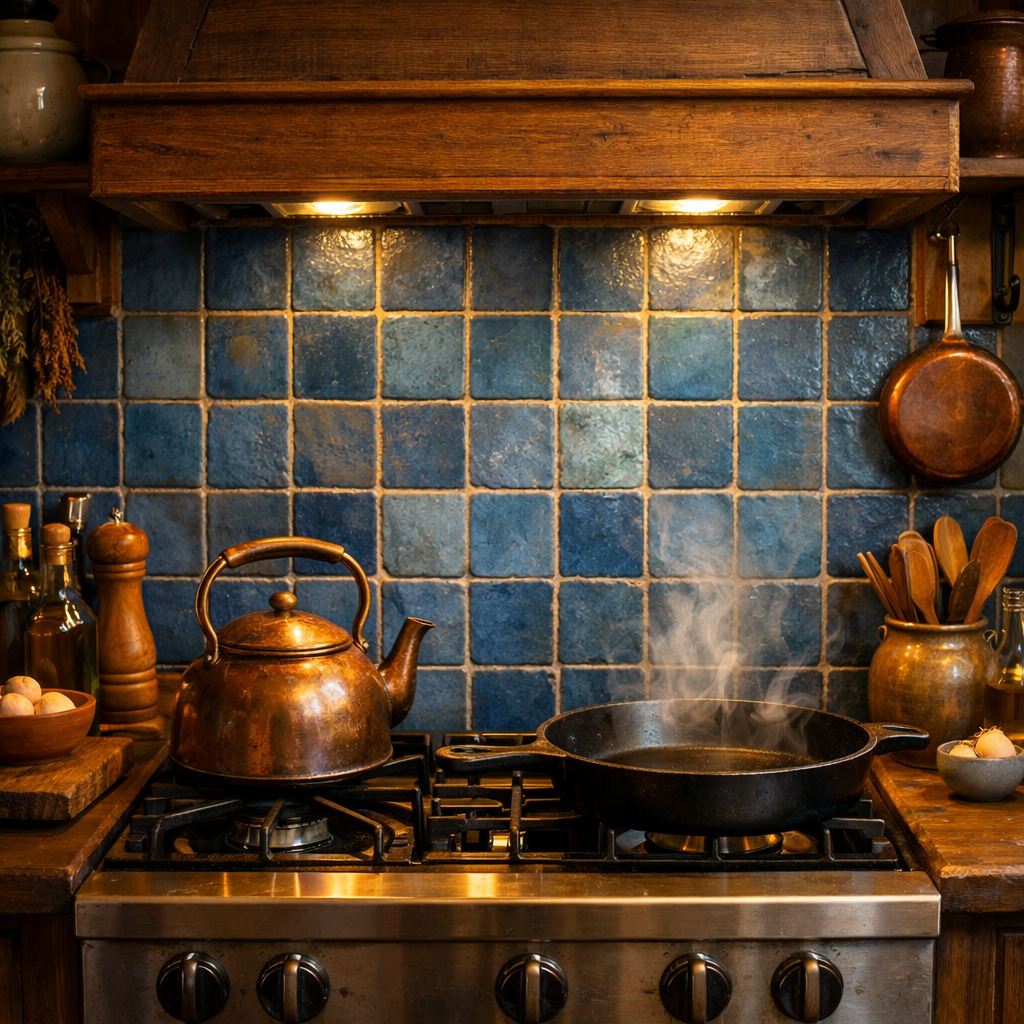 View of a rustic kitchen with a blue tiled backsplash, a copper kettle, and cooking utensils.