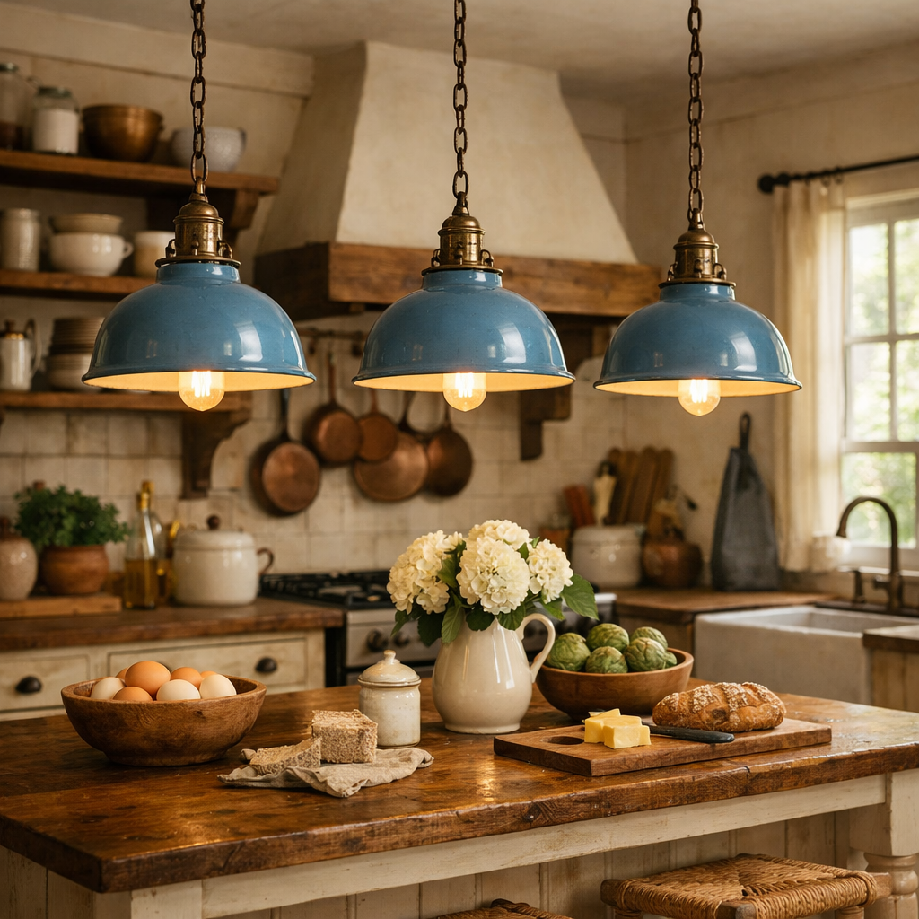 A cozy French country kitchen with blue vintage pendant lighting