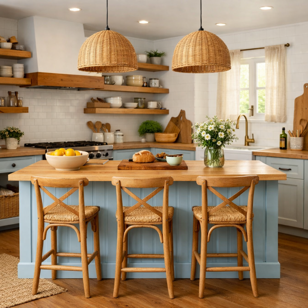 Charming light blue kitchen island with wooden countertop and woven pendant lights.