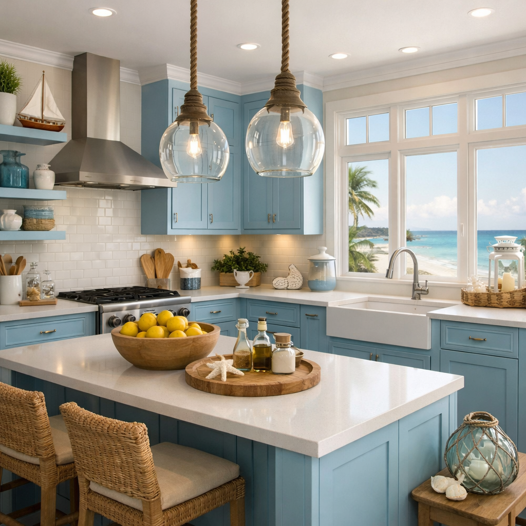 Coastal-inspired kitchen with light blue cabinets, white countertops, and ocean view.