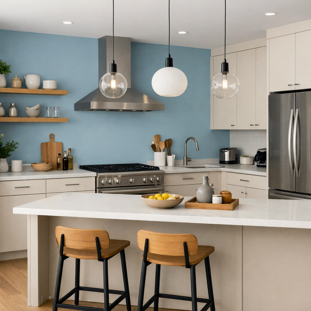 A modern kitchen featuring a light blue accent wall, beige cabinetry, and elegant lighting.