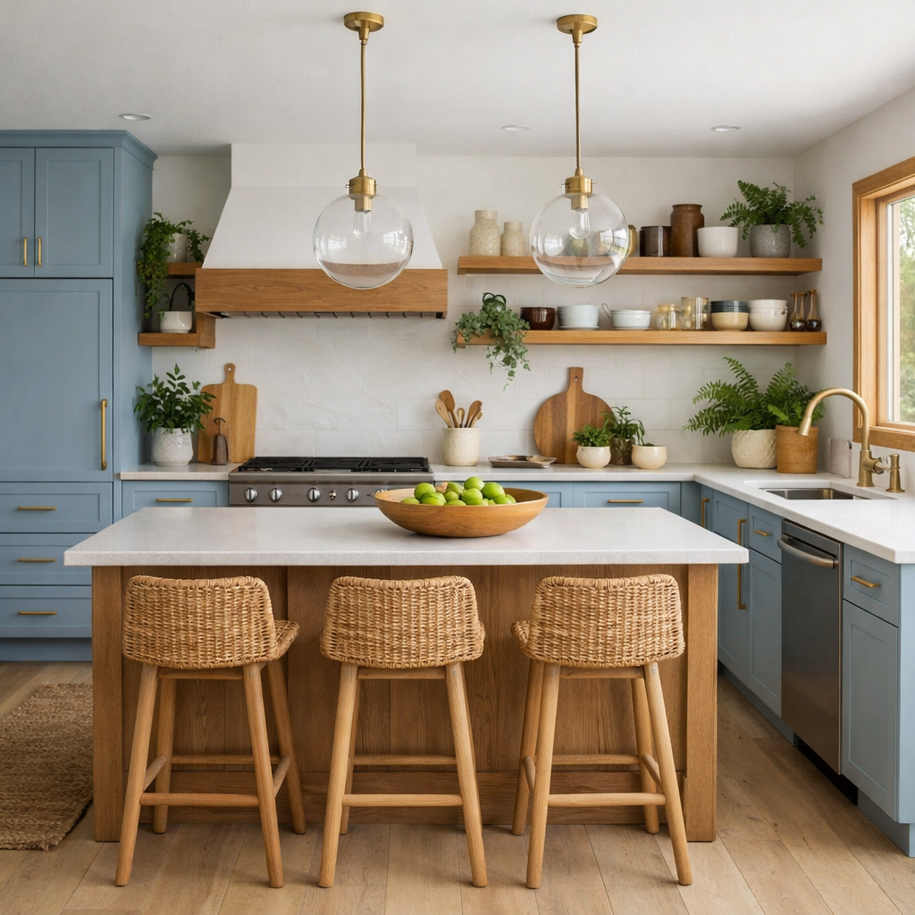 A stylish kitchen featuring light blue cabinetry, natural wood accents, open shelving with plants, and pendant lighting.