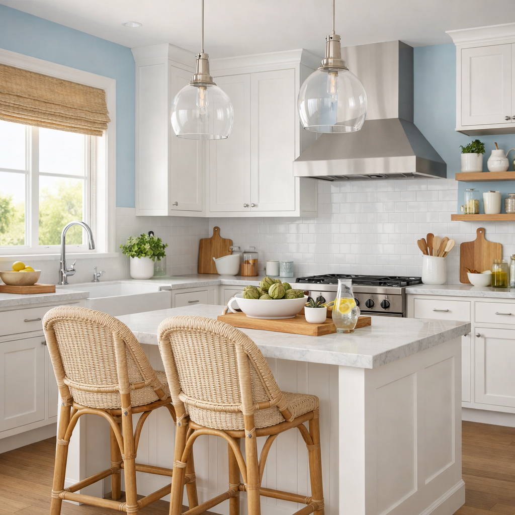 A modern kitchen featuring a light blue and white color palette