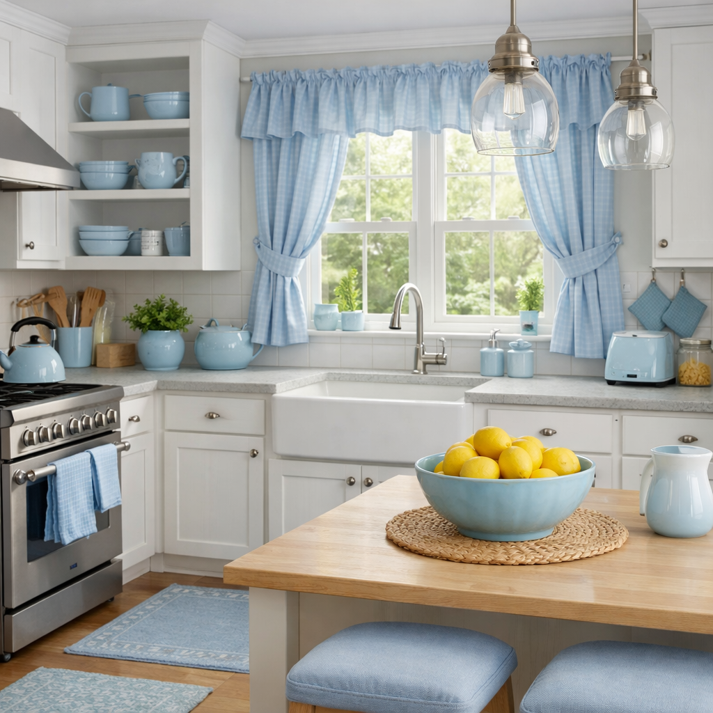 A light blue kitchen featuring gingham curtains, blue dishware, and a lemon centerpiece.