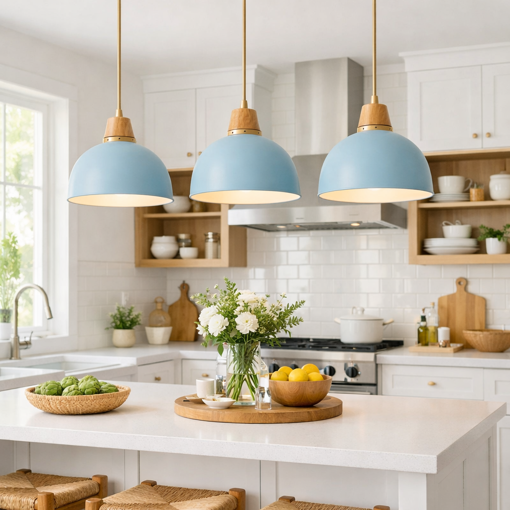 A bright kitchen featuring light blue pendant lights over a kitchen island with fresh flowers and fruit.