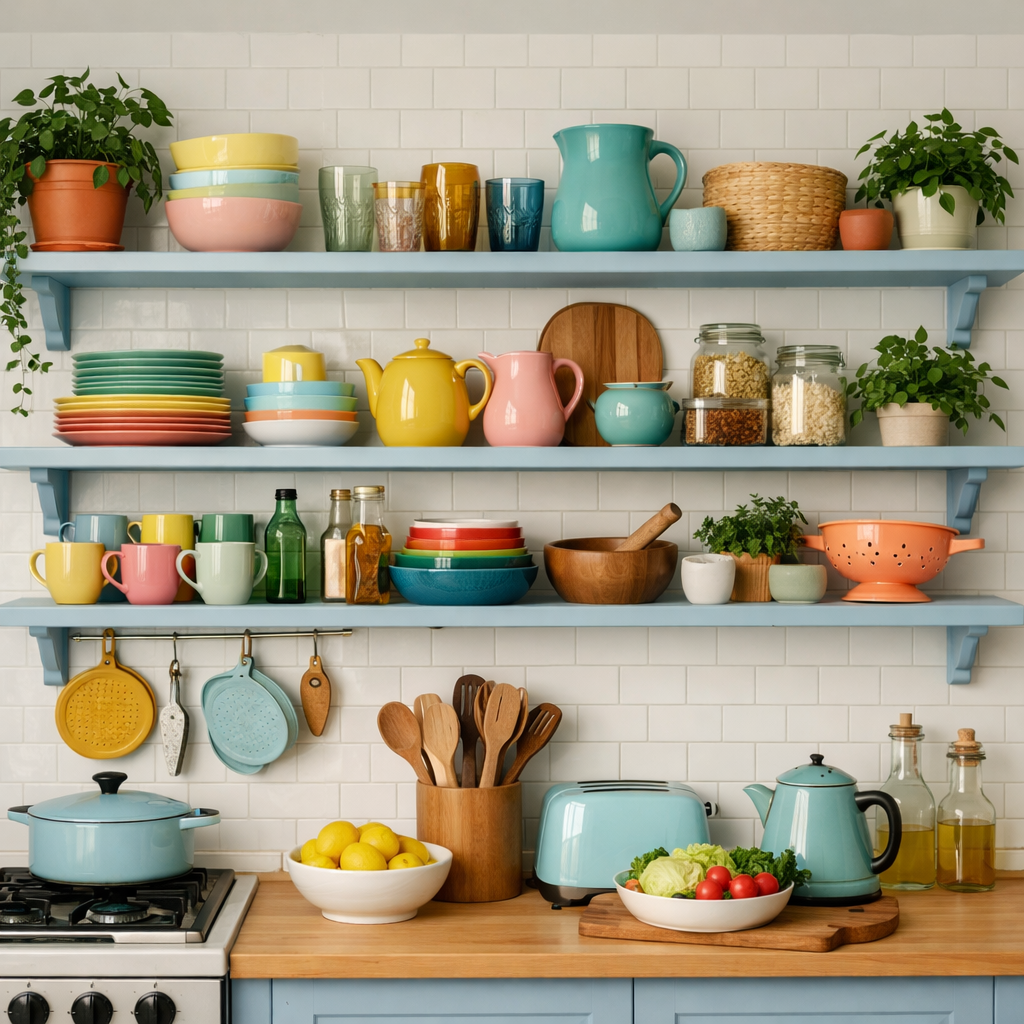Open shelving in a light blue kitchen filled with colorful dishes and plants.