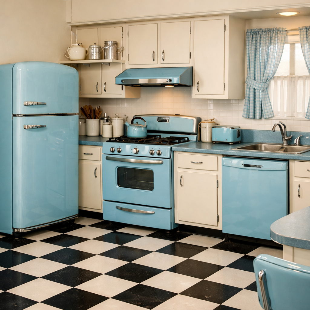 Vintage kitchen featuring light blue appliances like a refrigerator and stove with a black and white checkered floor.