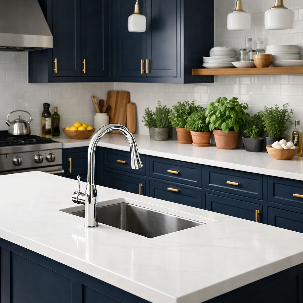 A navy blue kitchen featuring white countertops, green plants, and modern fixtures.