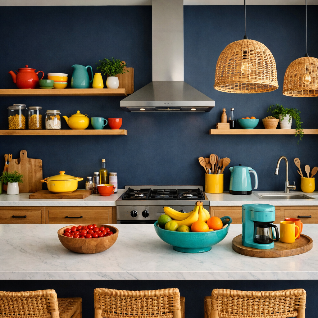 A kitchen with navy blue accent walls, colorful cookware, and a cozy atmosphere.