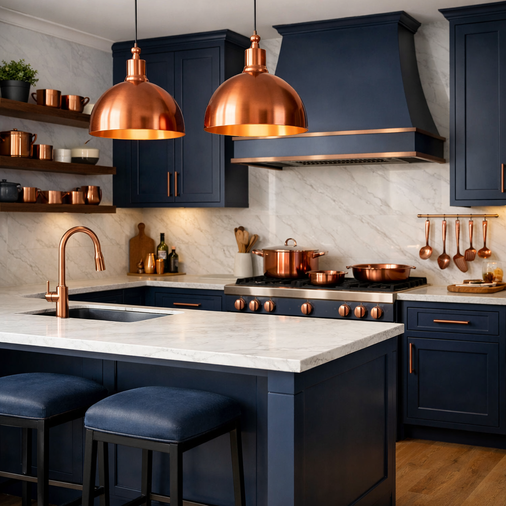 A modern navy blue kitchen with copper accents, including pendant lights and utensils.