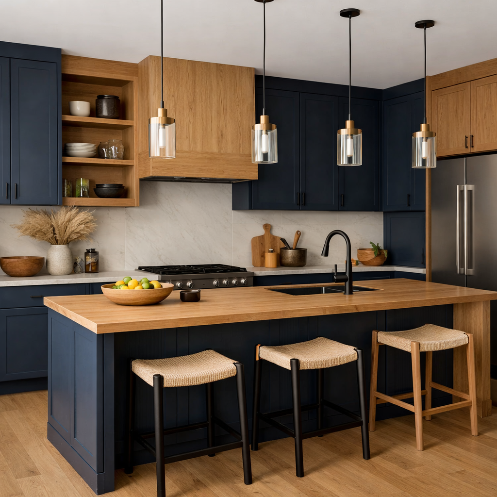 A modern navy blue kitchen with natural wood accents, featuring pendant lights, a wooden countertop, and stylish decor.