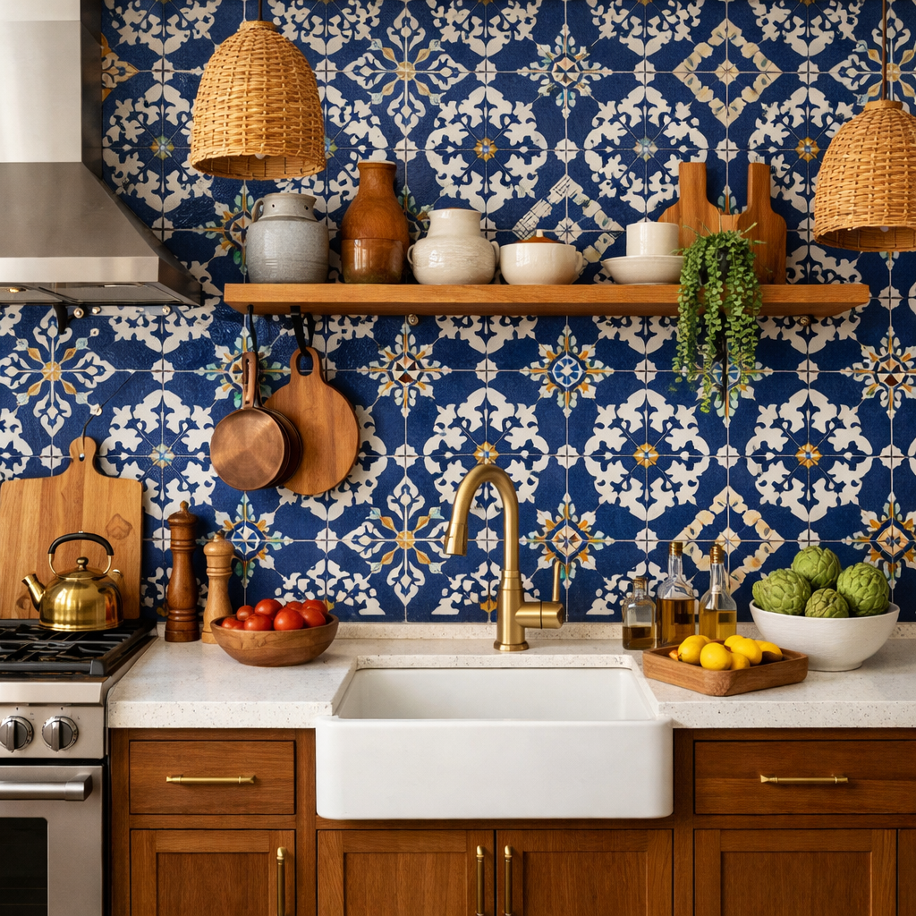 Kitchen featuring navy blue patterned backsplash with wooden shelves and sink