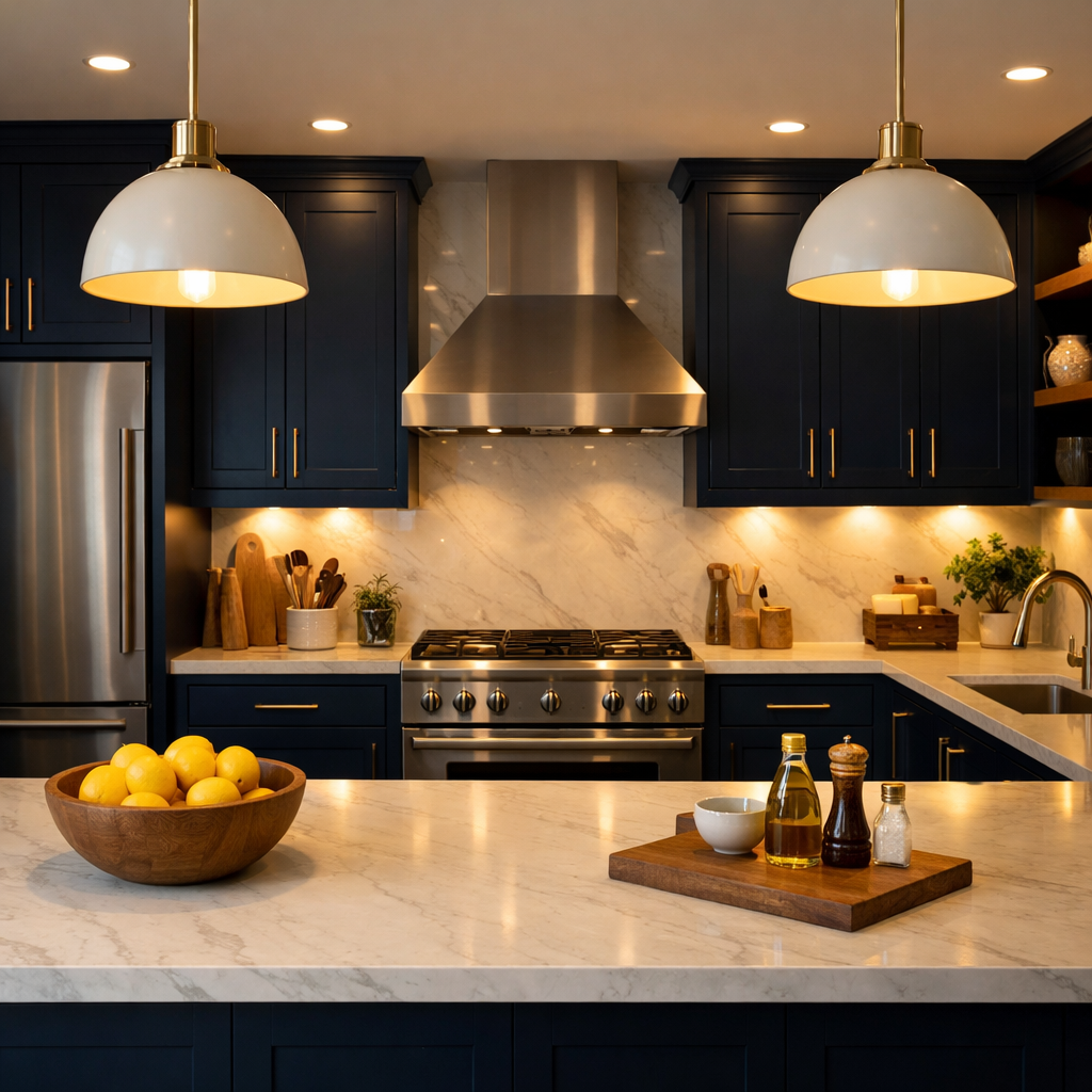A beautiful kitchen featuring navy blue cabinets and gold hardware with marble countertops.