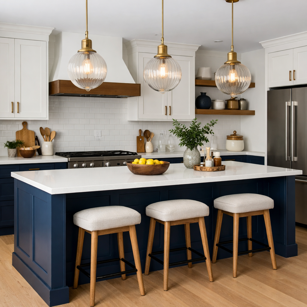 Stylish navy blue kitchen island with seating and pendant lights.