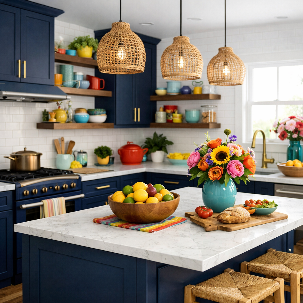 A bright navy blue kitchen with colorful accents, featuring open shelving, a vibrant bouquet, and a bowl of fruits.